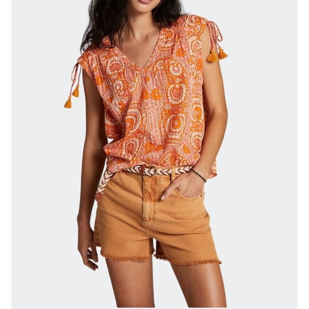 Anthropologie Terra Shirred Blouse Orange Paisley Print Sleeveless Small